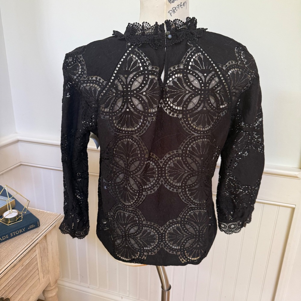 Sezane Black Lace Guipure Blouse High Ruffle Neck 3/4 Sleeve Top Size 38 US 6